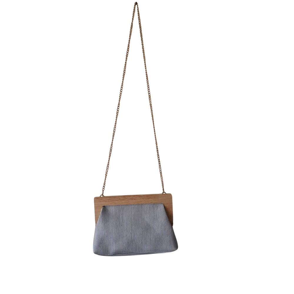 Haute Hippie Blue & Beige Striped Clutch Crossbody Bag with Gold Chain Strap